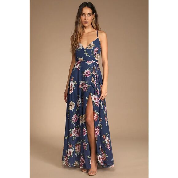 Lulus Always There For Me Navy Blue Floral Print Wrap Maxi Dress - Picture 1 of 8